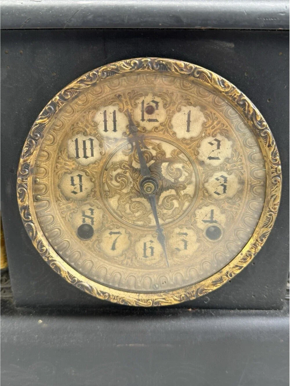 Antique Sessions Black Mantel Clock Ornate Gold Columns Gong Pendulum 16.75”